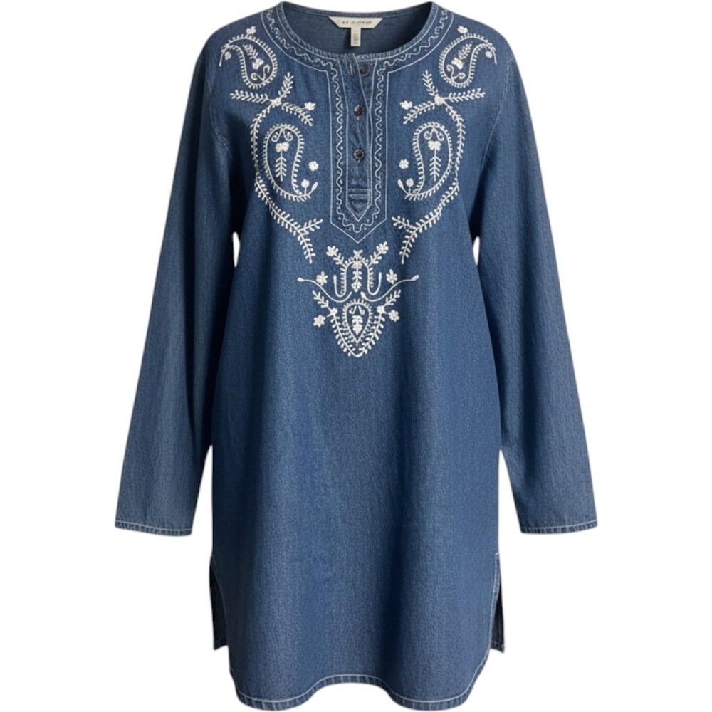 Vintage Y2K Main Street Blues Boho Embroidered Denim Tunic Shirt Women's 18W
